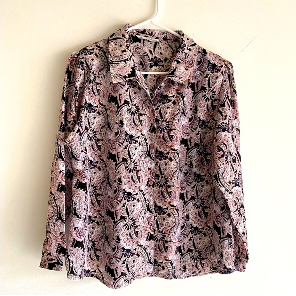 Woman’s beautiful long sleeve V-neck blouse w/ collar by Sun Hung; Sz XL